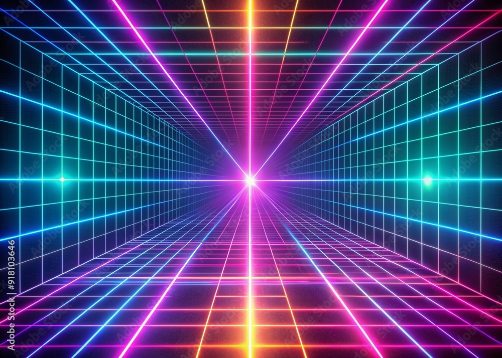 Vibrant neon lines intersect and pulsate against a dark background, evoking a nostalgic 80s aesthetic with its retro grid pattern and mesmerizing visual energy. Vibrant neon lines intersect and pulsate against a dark background, evoking a nostalgic 80s aesthetic with its retro grid pattern and mesmerizing visual energy.