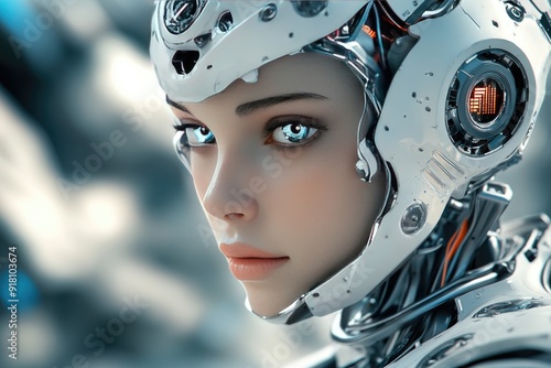 Cyborg Woman with Blue Eyes and a Futuristic Helmet