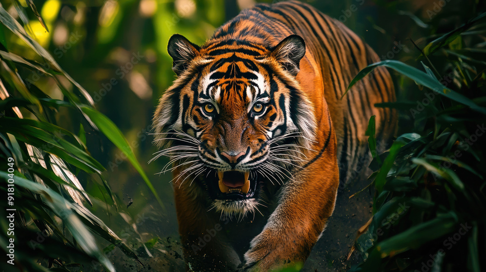 A tiger is running through the jungle
