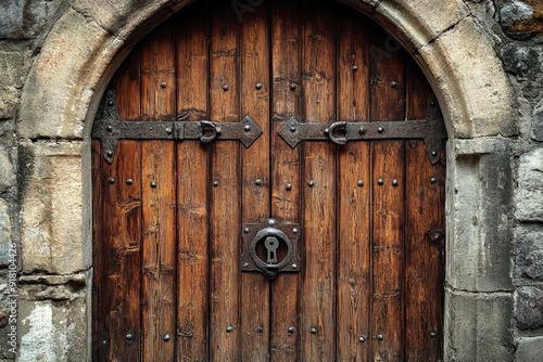 Closed rustic wooden arch door with intricate details nestled within an old stone structure. Generative AI