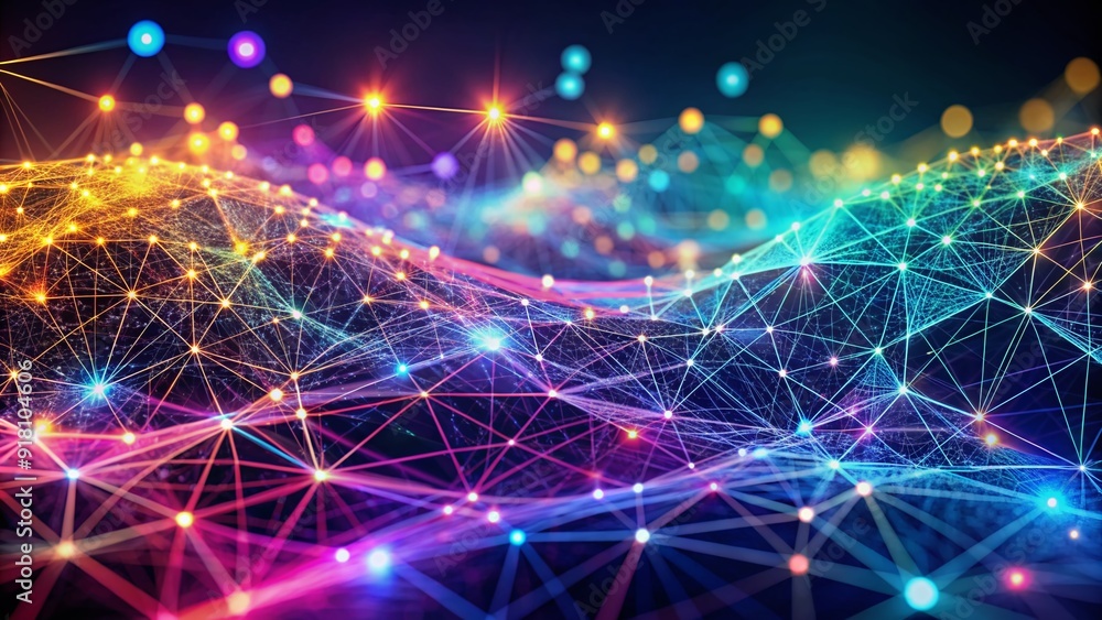 Obraz premium Vibrant abstract background featuring a wave of tiny dots and interwoven lines, depicting a futuristic network connection structure in a mesmerizing digital landscape.