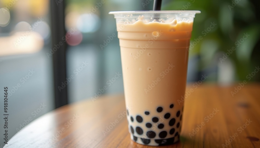 Iced Boba Tea with Tapioca Pearls in a Plastic Cup. Iced Boba Tea with Tapioca Pearls in a Plastic Cup.
