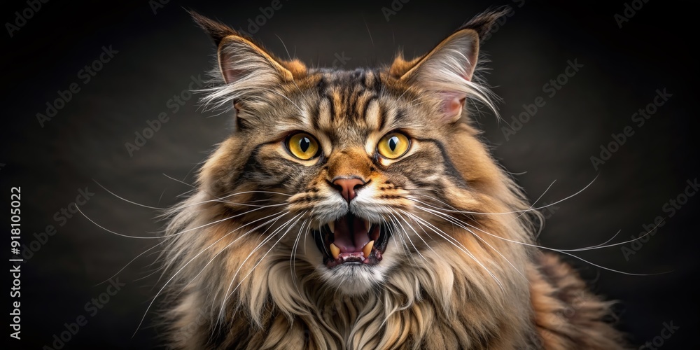 Fierce and majestic Maine Coon cat with vibrant fur and piercing eyes bares sharp teeth, showcasing powerful jaws in a dramatic, aggressive pose. Fierce and majestic Maine Coon cat with vibrant fur and piercing eyes bares sharp teeth, showcasing powerful jaws in a dramatic, aggressive pose.