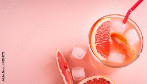 summer cold cocktail with ice cubes juice and slices grapefruit on pastel pink background photo