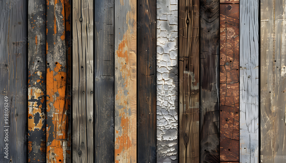 A visually rich assortment of weathered wooden planks showcasing diverse textures and colors, evoking a rustic and vintage charm. A visually rich assortment of weathered wooden planks showcasing diverse textures and colors, evoking a rustic and vintage charm.