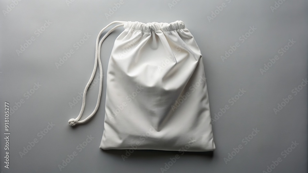 A crisp, white, and empty laundry bag with a thin rope tie lies flat on a sleek, gray background, awaiting fresh garments to be cleaned. A crisp, white, and empty laundry bag with a thin rope tie lies flat on a sleek, gray background, awaiting fresh garments to be cleaned.