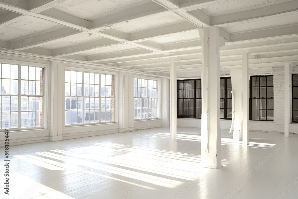 A bright, airy loft with large windows and white walls, letting in natural light. Generative AI A bright, airy loft with large windows and white walls, letting in natural light. Generative AI
