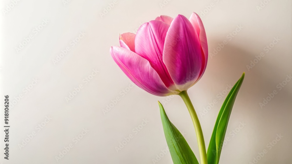 A delicate, vibrant pink tulip blooms in isolation, its slender stem and cup-shaped petals standing out against a soft, creamy white background. A delicate, vibrant pink tulip blooms in isolation, its slender stem and cup-shaped petals standing out against a soft, creamy white background.
