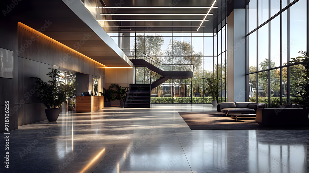 Modern lobby with large windows and a staircase. Modern lobby with large windows and a staircase.