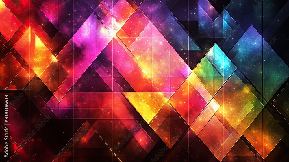 A geometric pattern composed entirely of RGB triangles and squares, with each shape emitting a vibrant glow that creates a sense of depth and movement