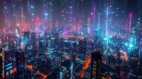 Wallpaper Mural A city skyline where every building is outlined in bright RGB lights, creating a dynamic, futuristic atmosphere that feels alive with energy Torontodigital.ca