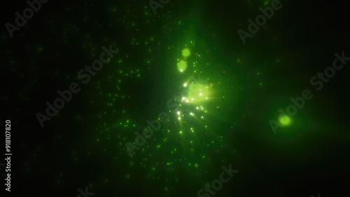 Abstract bright green glowing background with flying dots circles bokeh energy particles and light rays