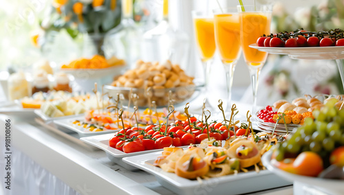 Luxury Snack table ready for event. Food and drink catering. Festively decorated beautiful big table full of food ready for guests.Horizontal color photography.