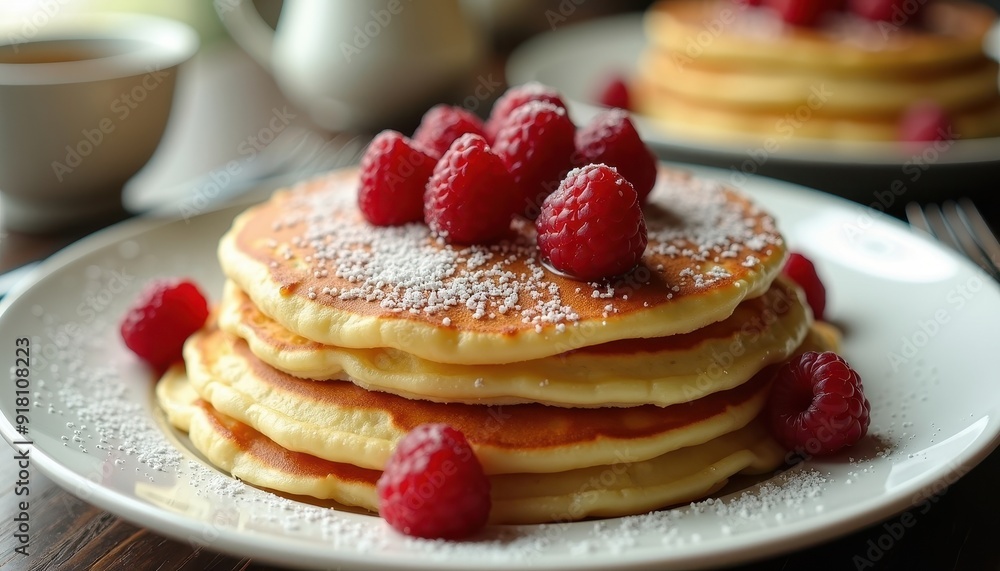 Delicious Pancakes with Raspberries and Powdered Sugar. Delicious Pancakes with Raspberries and Powdered Sugar.