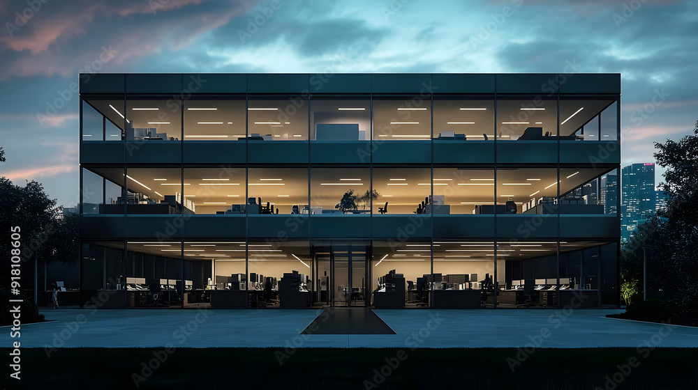 Modern office building at dusk, glowing windows. Modern office building at dusk, glowing windows.