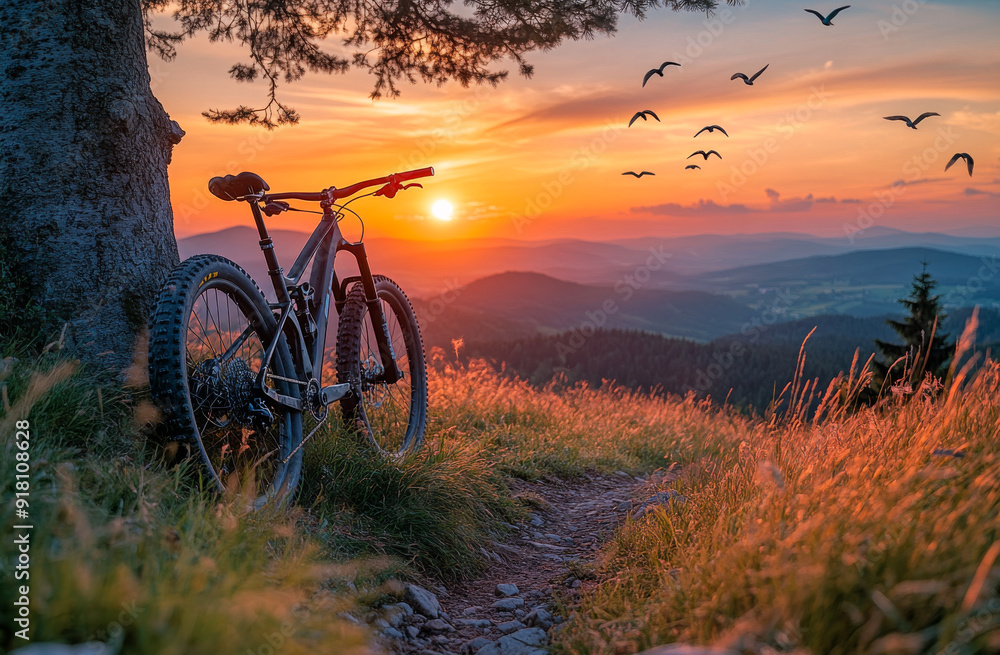 Sunset view from a mountain trail with a bicycle parked nearby. A bicycle rests against a tree as the sun sets over distant hills and flying birds. Sunset view from a mountain trail with a bicycle parked nearby. A bicycle rests against a tree as the sun sets over distant hills and flying birds.