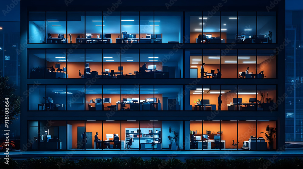Modern office building at night with illuminated windows. Modern office building at night with illuminated windows.