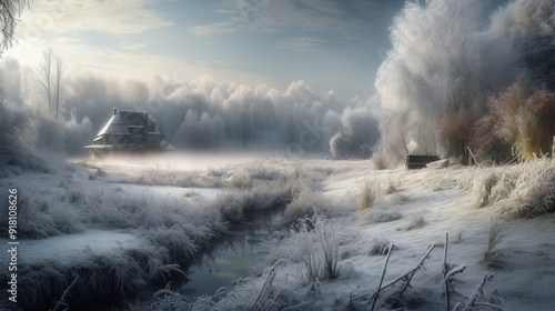 A snowy landscape with a house in the distance