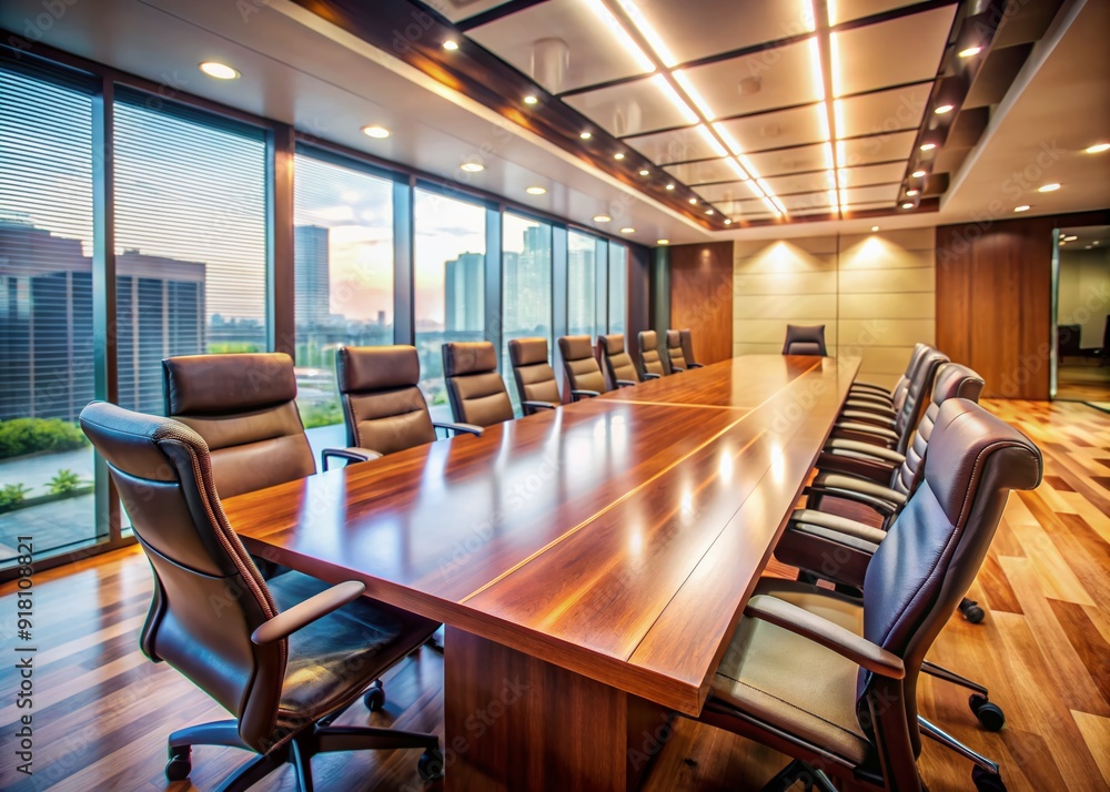 Blurred image of empty modern corporate boardroom with long wooden table, leather chairs, and glass wall, conveying professionalism and important business decisions. Blurred image of empty modern corporate boardroom with long wooden table, leather chairs, and glass wall, conveying professionalism and important business decisions.