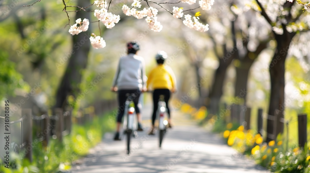 Obraz premium Tranquil Spring Cycling Adventure Among Cherry Blossoms