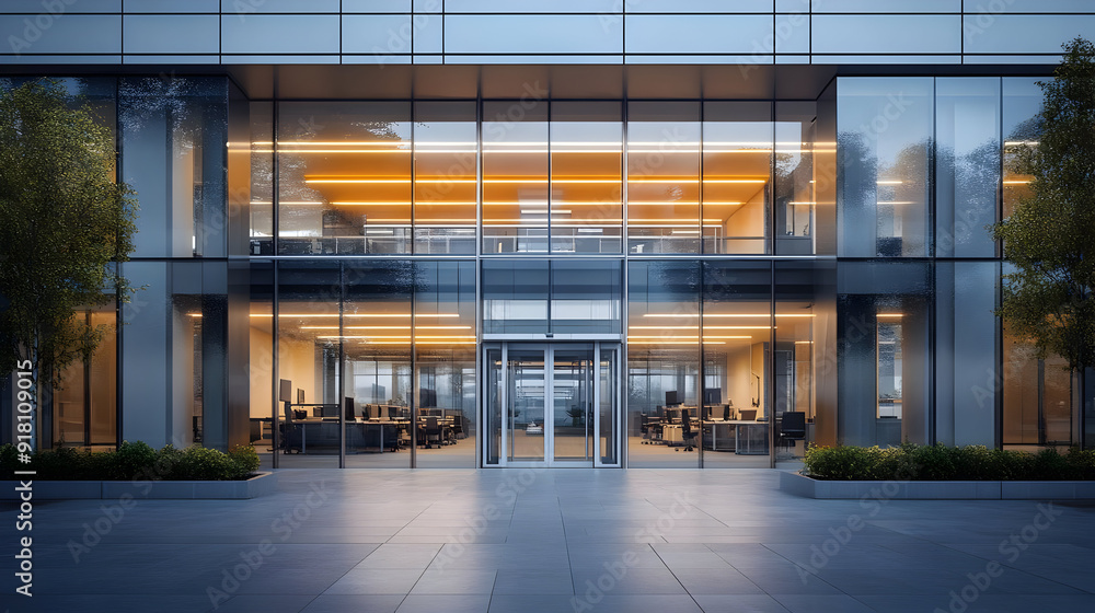 Modern office building entrance at dusk. Modern office building entrance at dusk.