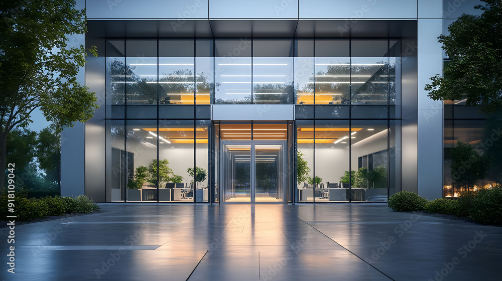 Modern office building entrance at dusk. Modern office building entrance at dusk.