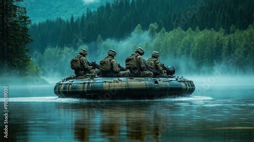 Military hovercraft speeding across a shallow lake with soldiers on board