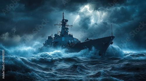 Coastal defense ship navigating through rough seas during a storm, with lightning in the distance