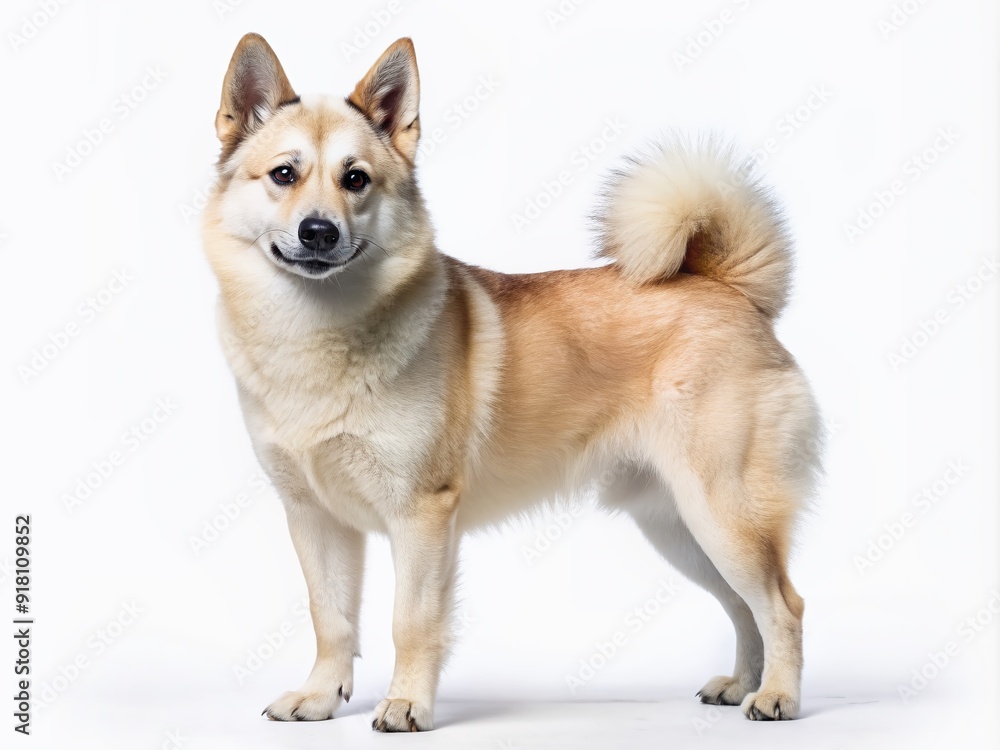 Adorable Norwegian Buhund dog with short coat and erect ears stands against a clean white background, showcasing its friendly and lively expression naturally. Adorable Norwegian Buhund dog with short coat and erect ears stands against a clean white background, showcasing its friendly and lively expression naturally.