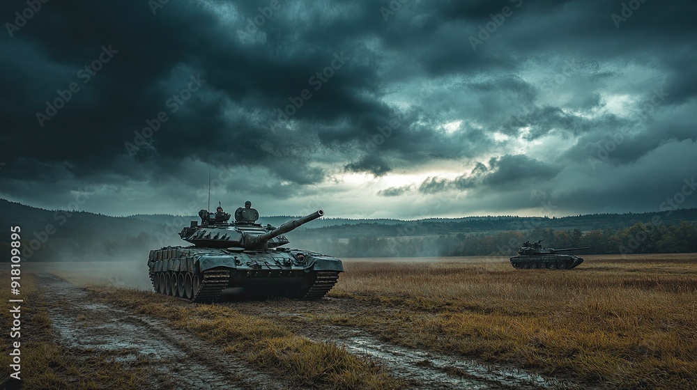 Naklejka premium Tank crew preparing for battle in an open field, with dark storm clouds gathering overhead