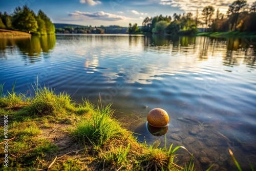 A vacant lakeside scene with a forgotten ball on the grass, surrounded by subtle ripples in the calm water, evoking a sense of playful abandonment. photo