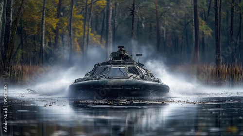 Tactical hovercraft maneuvering through a swampy area during a military exercise photo