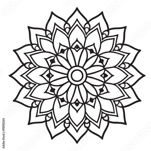 abstract  wild Mandela design png, adult anti-stress coloring page in line art, floral pattern coloring sheet