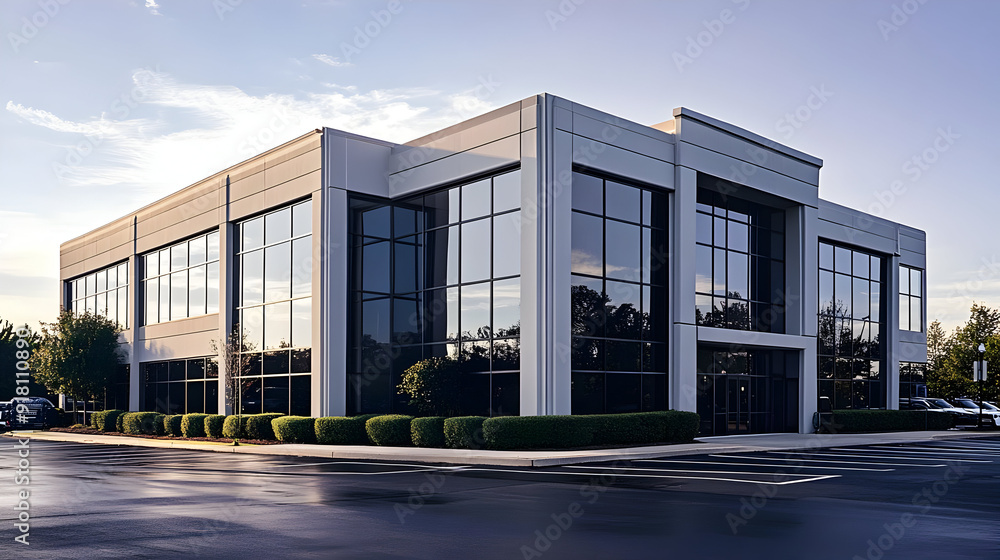 Modern office building with large windows.