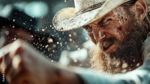 This close-up capture shows a dusty, bearded man with an intense gaze, wearing a sunlit hat and emanating a rugged, wild west atmosphere. photo