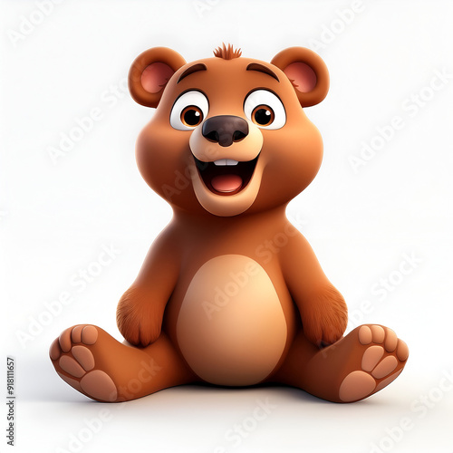A cheerful cartoon bear character sitting in a playful pose on a light background