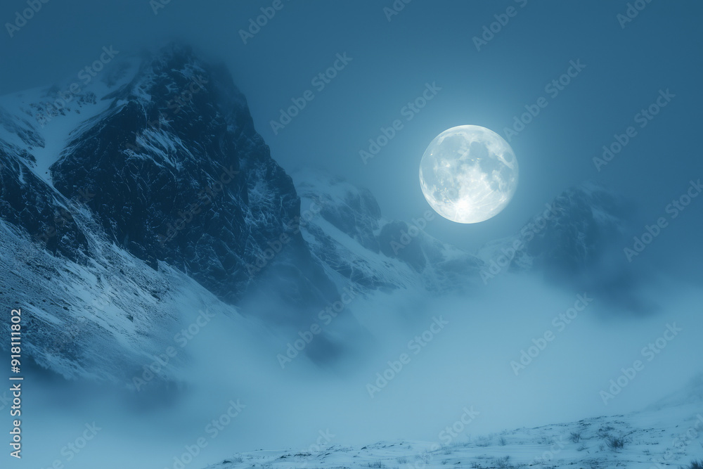 Ethereal landscape featuring a luminous full moon over misty snow-covered mountains under a twilight sky Ethereal landscape featuring a luminous full moon over misty snow-covered mountains under a twilight sky