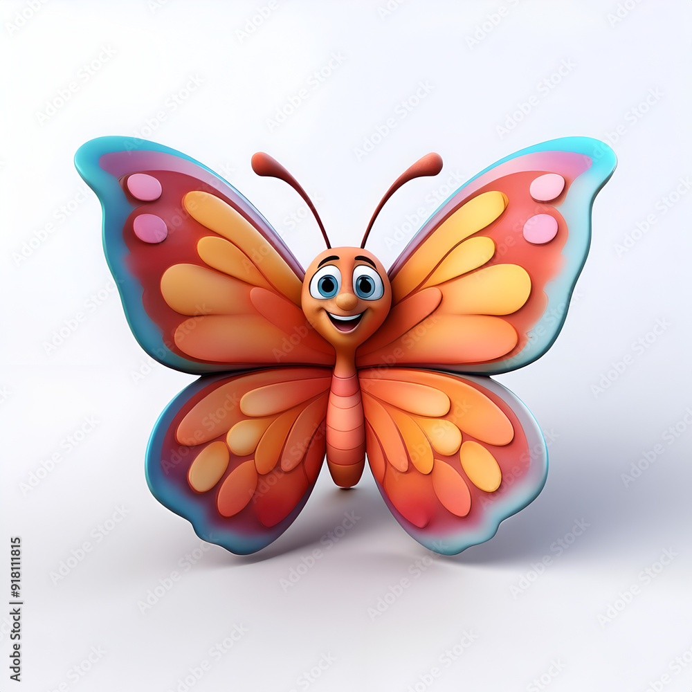 A cheerful cartoon butterfly with bright colors and a smiling face against a plain background A cheerful cartoon butterfly with bright colors and a smiling face against a plain background