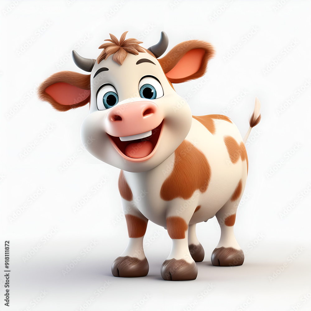 A cheerful cartoon cow with brown and white spots standing against a plain background A cheerful cartoon cow with brown and white spots standing against a plain background