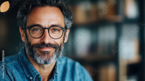 A man with glasses and gray hair smiling confidently in a casual jacket, depicted in sharp focus with a friendly expression, representing maturity and positivity.