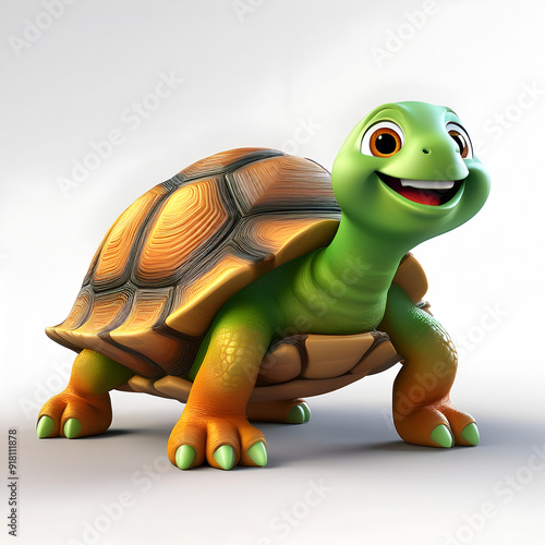 A cheerful cartoon turtle stands happily on a light background  showcasing its vibrant colors and friendly expression