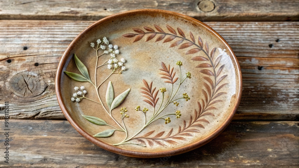 A rustic, earth-toned ceramic plate adorned with a delicate botanical pattern and a slight crack, evoking a sense of vintage elegance and nostalgia. A rustic, earth-toned ceramic plate adorned with a delicate botanical pattern and a slight crack, evoking a sense of vintage elegance and nostalgia.
