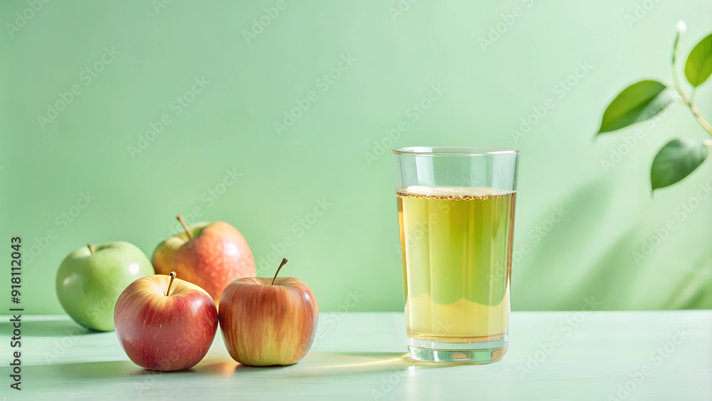 Glass of apple cider with fresh apples on a vibrant background Glass of apple cider with fresh apples on a vibrant background
