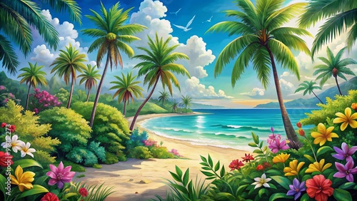 Vibrant vector illustration of a serene tropical beach under clear blue sky, with lush green palms, colorful flowers, and hand-painted watercolor background.