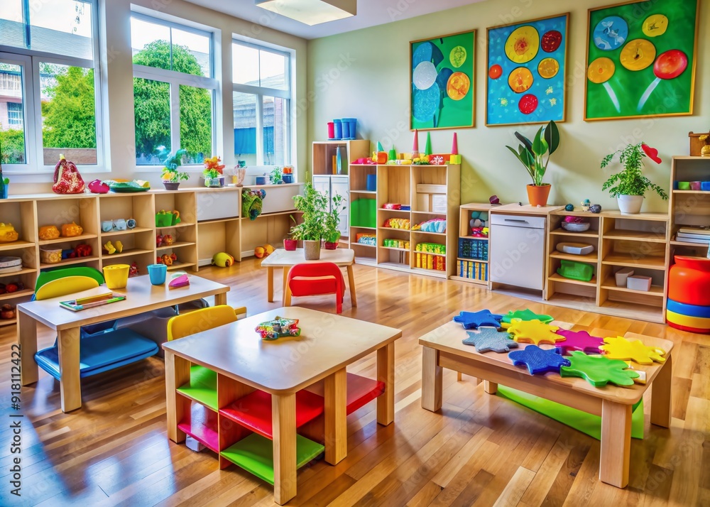 Vibrant preschool classroom setting filled with colorful educational drawings, blocks, and learning materials, creating a stimulating environment for young children to engage and learn. Vibrant preschool classroom setting filled with colorful educational drawings, blocks, and learning materials, creating a stimulating environment for young children to engage and learn.