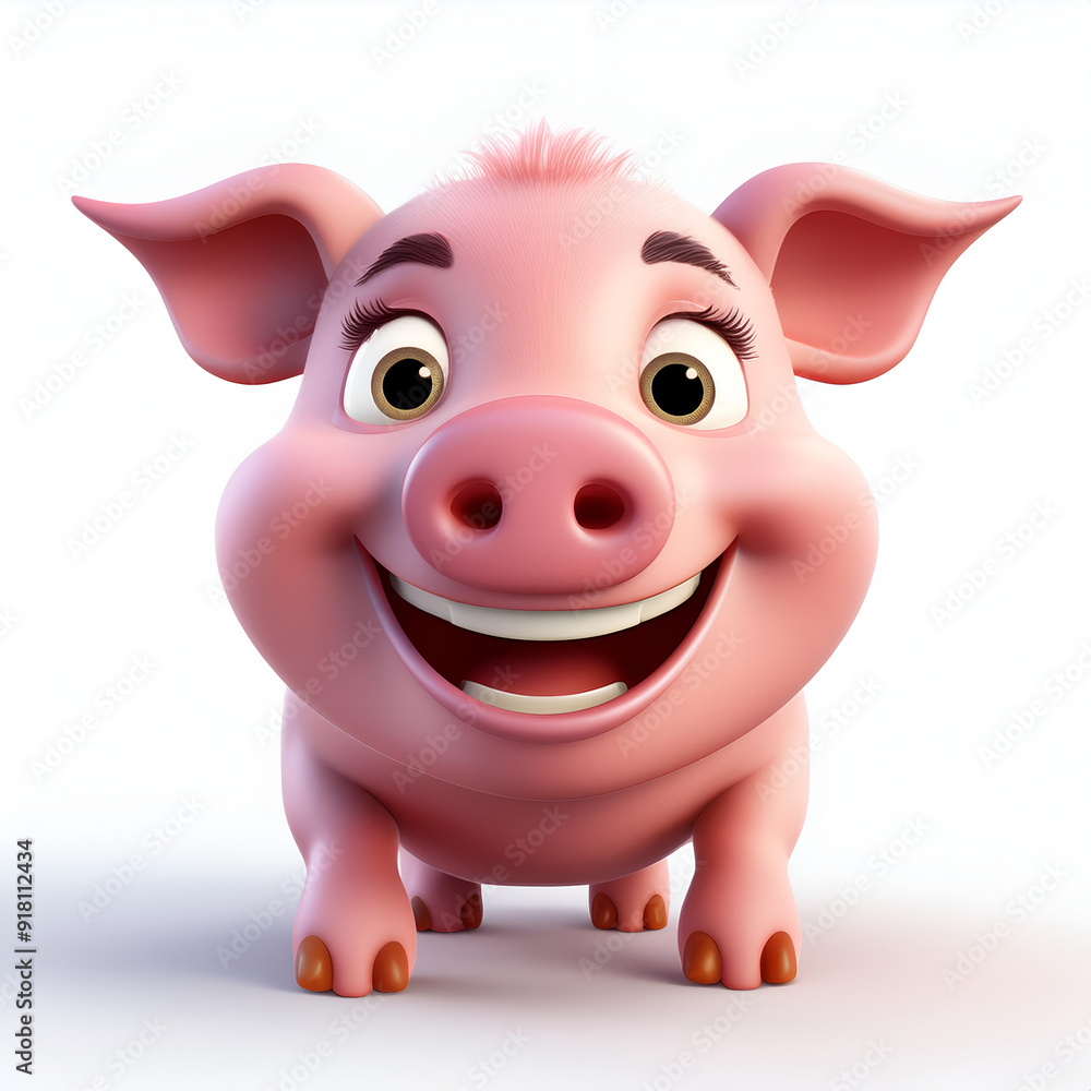 Happy cartoon pig smiling joyfully with big eyes and a playful expression Happy cartoon pig smiling joyfully with big eyes and a playful expression