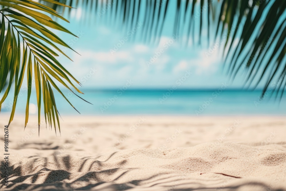 Fototapeta premium beach sand with palm branches on the background of the sea with generative ai