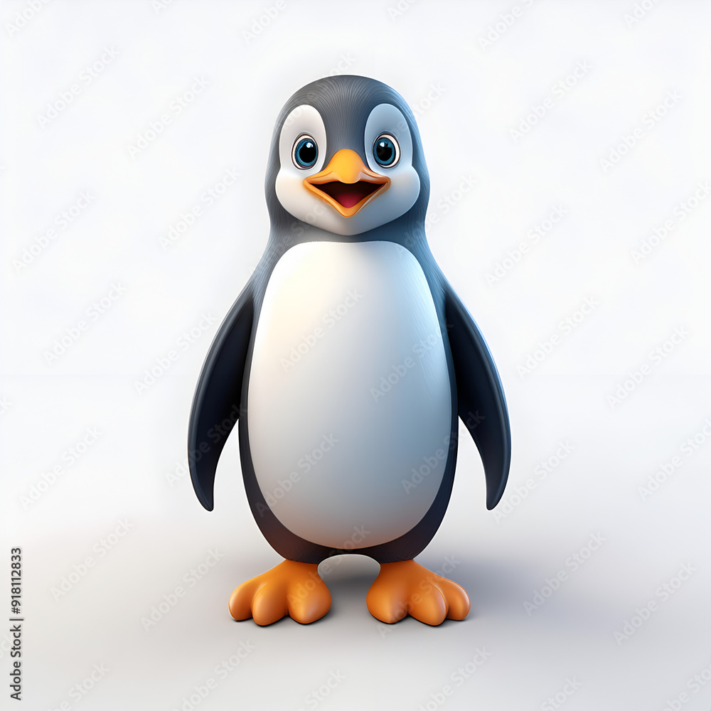 Fototapeta premium Cute cartoon penguin with big eyes standing on a plain background