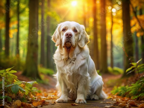 A serene Clumber Spaniel sits regally amidst vibrant foliage, its gentle eyes gazing upward, surrounded by sun-dappled trees in a peaceful forest clearing atmosphere. photo