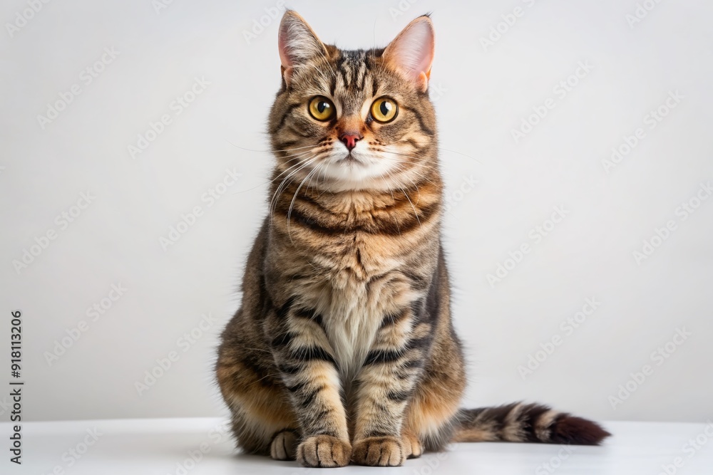 Adorable American Wirehair cat with rugged, wiry fur and piercing gaze sits regally against a clean white background, showcasing unique whiskers and endearing expression. Adorable American Wirehair cat with rugged, wiry fur and piercing gaze sits regally against a clean white background, showcasing unique whiskers and endearing expression.